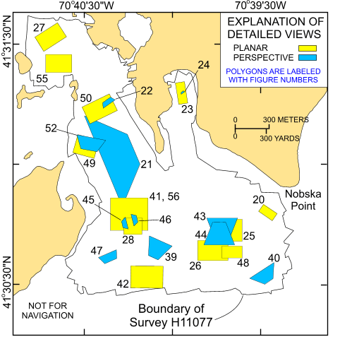 Figure 19. Map showing the boundary of the acoustic data from National Oceanic and Atmospheric Administration survey H11077 of Woods Hole, Massachusetts and the locations of the detailed planar (yellow polygons) and perspective (blue polygons) views of the multibeam digital terrain model and sidescan-sonar mosaic shown in indicated figures. 