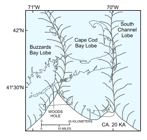 Figure 3. Regional paleogeographic map of Cape Cod and the Islands showing the extent of the Laurentide ice sheet about 20 thousand years ago.