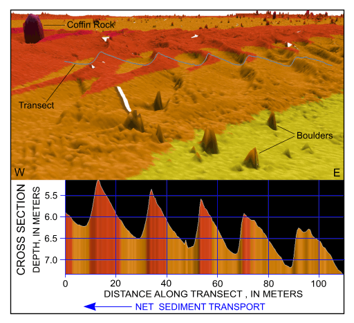Figure 43. Detailed perspective view of the bathymetry looking north across the sand-wave field east of Great Ledge from the digital terrain model produced during National Oceanic and Atmospheric Administration survey H11077 of Woods Hole, Massachusetts. Line shows location of transect; cross section shows scaled bathymetry and that sand-wave asymmetry indicates net westward transport along the southern part of this sand-wave field. Location of view is shown in figure 19.
