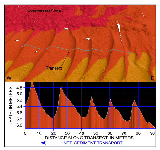 Figure 47. Detailed perspective view of the bathymetry looking north across the sand-wave field south of Nonamesset Shoal from the digital terrain model produced during National Oceanic and Atmospheric Administration survey H11077 of Woods Hole, Massachusetts. Line shows location of transect; cross section shows scaled bathymetry and that sand-wave asymmetry indicates net westward transport in this part of Vineyard Sound. Location of view is shown in figure 19.
