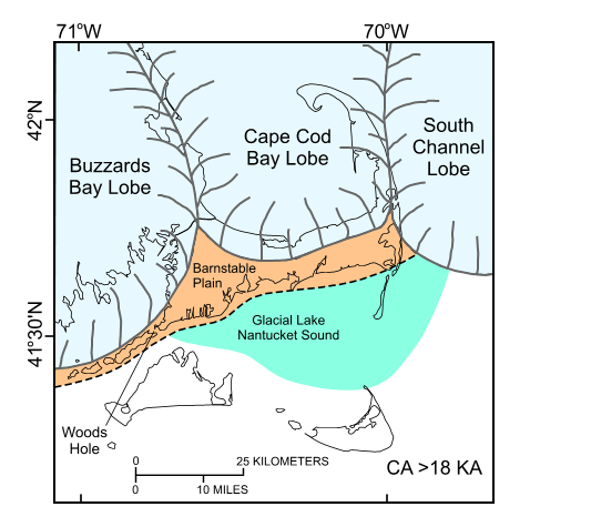 Figure 5. Regional paleogeographic map of Cape Cod and the Islands showing the extent of the Buzzards Bay, Cape Cod Bay, and South Channel lobes just prior to 18 thousand years ago and location of Glacial Lake Nantucket Sound.