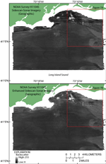 Figure 6. Sidescan-sonar imagery of NOAA survey H11045 (top) and enhanced imagery (bottom). 