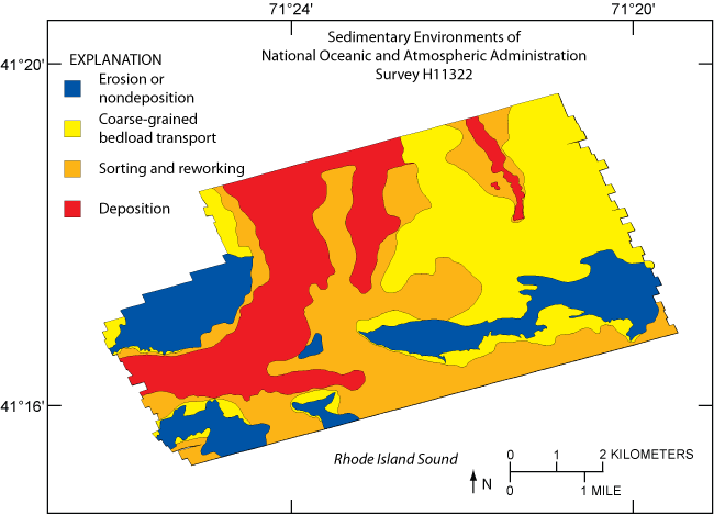 Figure 13. Sedimentary environments found in the study area include those characterized by processes of erosion or nondeposition, coarse-grained bedload transport, sorting and reworking, and deposition. Location of study area shown in figure 1. 
