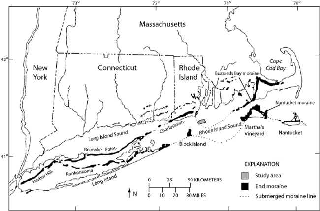 Figure 4. Location of end moraines (black polygons) and submarine ridges (dashed lines) in southern New York and New England (modified from Gustavson and Boothroyd, 1987) and location of study area (gray polygon). The Ronkonkoma-Nantucket end moraine represents the maximum advance of the Laurentide Ice Sheet about 20,000 years ago and the Harbor Hill-Roanoke Point-Charlestown-Buzzards Bay end moraine represents a retreated ice-sheet position from about 18,000 years ago (Uchupi and others, 1996). 