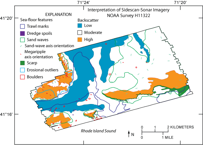 Figure 9. Interpretation of sidescan-sonar imagery of study area including low, moderate, and high backscatter; sand waves; sand-wave and megaripple axis orientation; scarps; erosional outliers; boulders; trawl marks; and dredge spoils. Location of study area shown in figure 1. 