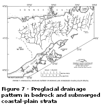 Figure 7: Preglacial drainage and pattern in bedrock and submerged coastal-plain strata.  Larger image will open in new browser window.
