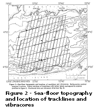 Figure 2: Sea-floor topography and location of tracklines and vibracores.  Larger image will open in new browser window.