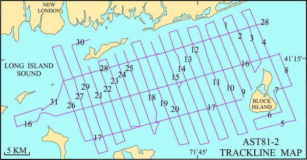 Map illustration: Trackline map of R/V ASTERIAS 81-2 tracklines in Block Island Sound and easternmost Long Island Sound.  Seismic line numbers linked to seismic preview images.