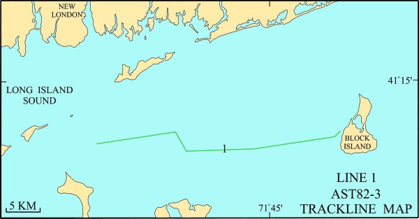 Map illustration: R/V ASTERIAS cruise 82-3 tracklines in Eastern Long Island Sound.  Larger map will open in new browser window.