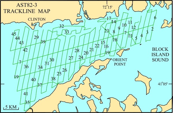 Map illustration: R/V ASTERIAS 82-3 tracklines in Eastern Long Island Sound and easternmost Long Island Sound.  Seismic line numbers linked to seismic preview images.