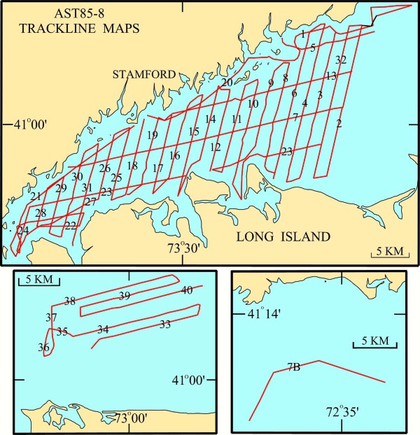 Map illustration: R/V ASTERIAS cruise 85-8 tracklines in western Long Island Sound.  Larger map will open in new browser window.