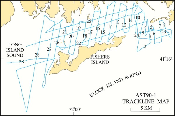Map illustration: Trackline map of R/V ASTERIAS 90-1 tracklines in Western Long Island Sound and easternmost Long Island Sound.  Seismic line numbers linked to seismic preview images.
