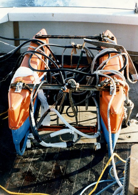 EG&G "Uniboom" sled, used as part of the boomer seismic-profiling system, on the deck of the RV ASTERIAS during cruise AST 85-8.