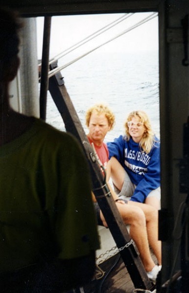 Captain Dave Olmstead (WHOI) and an unidentified assistant aboard the RV ASTERIAS during cruise AST 90-1.