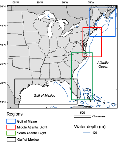 Map showing outlines for the Gulf of Maine, Middle Atlantic Bight and South Atlantic Bight