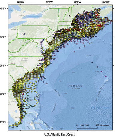 Map showing the locations of sediment samples on the U.S. East Coast