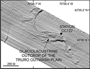 Figure 15: Section of the sun-illuminated multibeam bathymetry showing the outcropping of fine-grained distal glaciolacustrine sediments that are part of the Truro outwash plain.