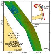 Figure 18: Pseudo-colored map of the sea floor off Truro showing combined bathymetry and backscatter intensity.