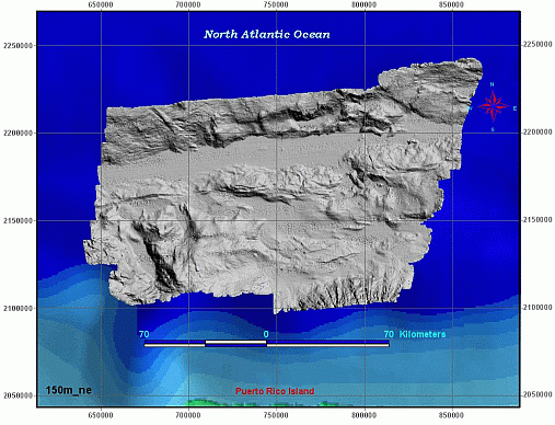 150_ne - Shaded Relief (illuminated from NE) of Puerto Rico Trench Bathymetry, UTM Zone 19