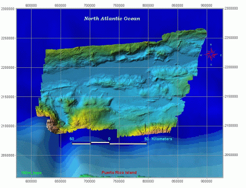 geo_150m_topo - Color Encoded Shaded Relief (NW) Image of Puerto Rico Trench Bathymetry, Geographic Coordinate System