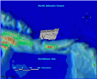 geo_150m_ne - Shaded Relief (illuminated from NE) of Puerto Rico Trench Bathymetry, Geographic Coordinate System