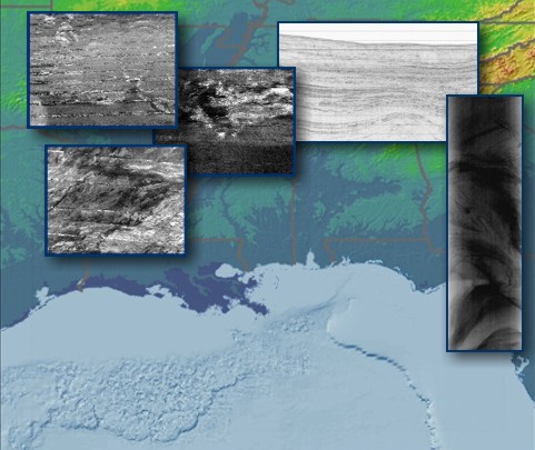 An image of the Gulf of Mexico with examples of data collected by the USGS.