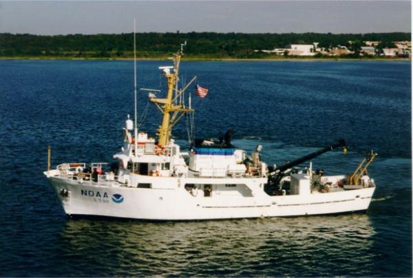 Image shows a port-side view of the NOAA Ship RUDE which performed surveys H11043, H11044, and H11045 in Long Island Sound.