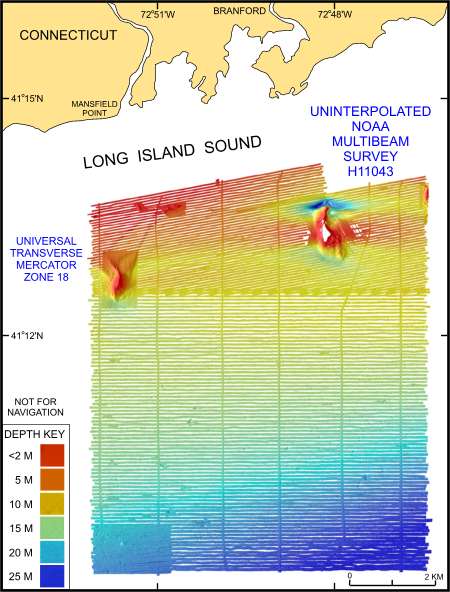 Image shows the original uninterpolated reconnaissance multibeam bathymetry from NOAA survey H11043 in north-central Long Island Sound off Branford, Connecticut. 