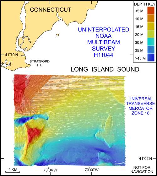 Image shows the original uninterpolated reconnaissance multibeam bathymetry from NOAA survey H11044 in north-central Long Island Sound off Milford, Connecticut.
