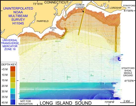 Image shows the original uninterpolated reconnaissance multibeam bathymetry from NOAA survey H11045 in north-central Long Island Sound off Bridgeport, Connecticut.