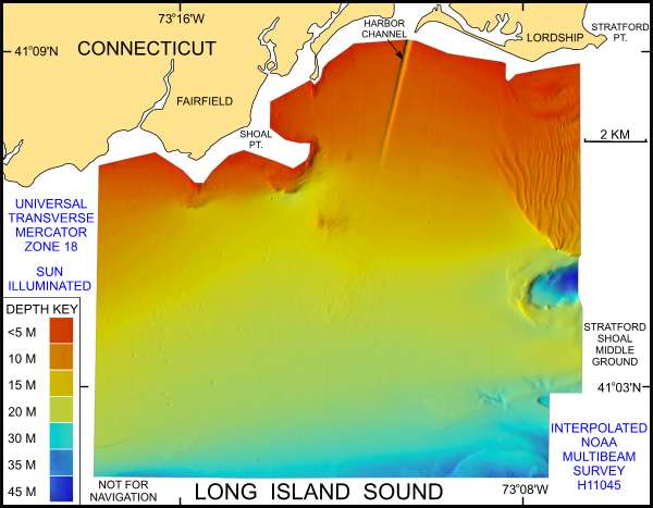 Figure 9. Image shows the interpolated and regridded multibeam bathymetry from NOAA survey H11045 in north-central Long Island Sound off Bridgeport, Ct.