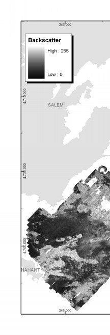 Figure 3.3. Map showing acoustic backscatter intensity offshore of northeastern Massachusetts between Nahant and Gloucester