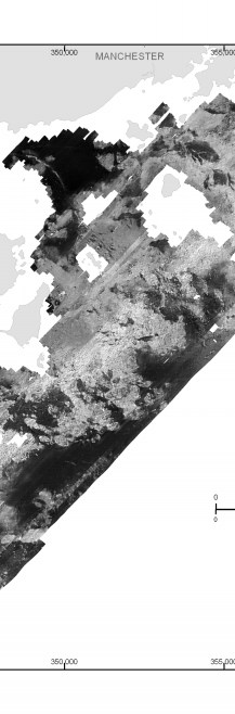 Figure 3.3. Map showing acoustic backscatter intensity offshore of northeastern Massachusetts between Nahant and Gloucester