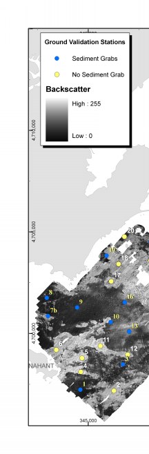 Fig. 3.7. Map showing bottom sample locations and video transects overlain on a map of acoustic backscatter from sidescan sonar.
