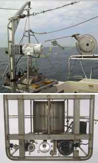 Figure 3.3. TOP: Photograph of Mini SEABOSS and winch on the deck of the RV Rafael. BOTTOM: Mini SEABOSS components viewed from below.