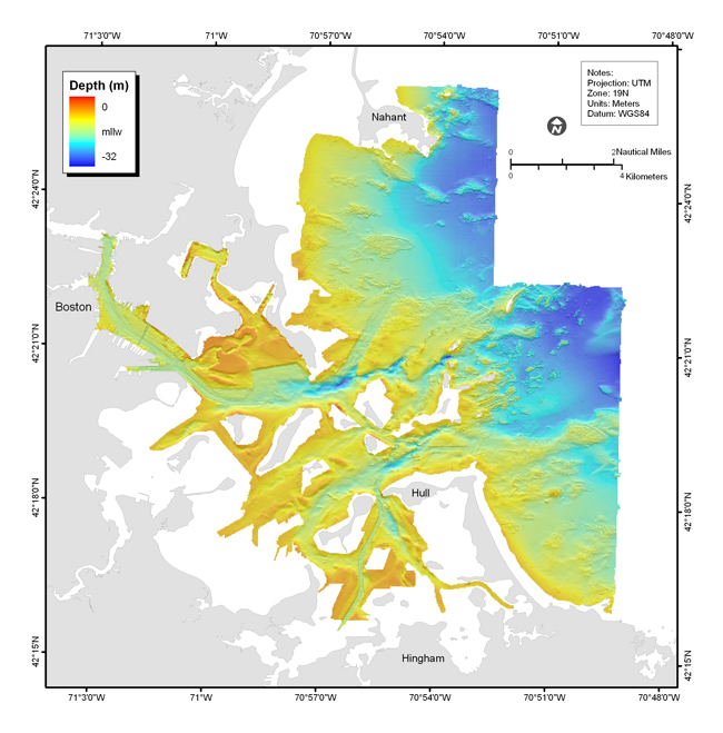 Figure 3.6. Shaded-relief bathymetric map, colored by water depth, of Boston Harbor and Approaches, Massachusetts based on the combined multibeam and vertical-beam sonar bathymetric data (10 meters/pixel).