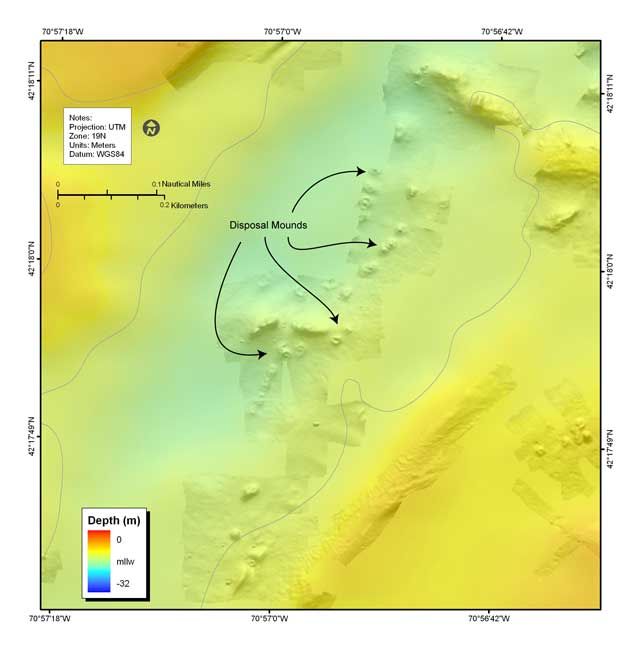 Figure 4.10b. Shaded-relief bathymetry, colored by water depth, showing disposal of dredged material in the topographic low north of Peddocks Island.