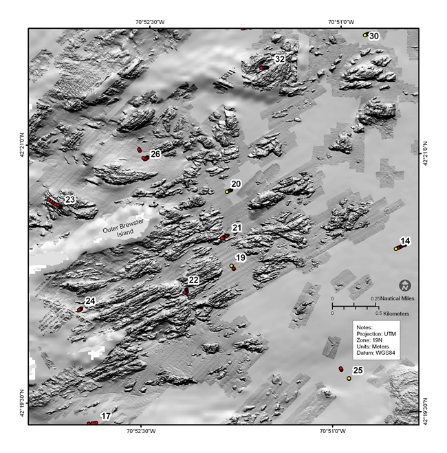 Figure 4.16a. Shaded-relief bathymetric map showing outcropping ledges east of the Brewster Islands.