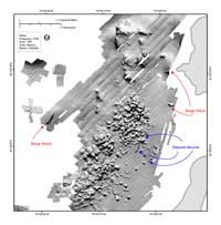 Fig. 4.20. Shaded-relief bathymetry bathymetric map of the area west of Great Brewster and Calf Island showing barge wrecks and mounds of dredged material on the sea floor. 