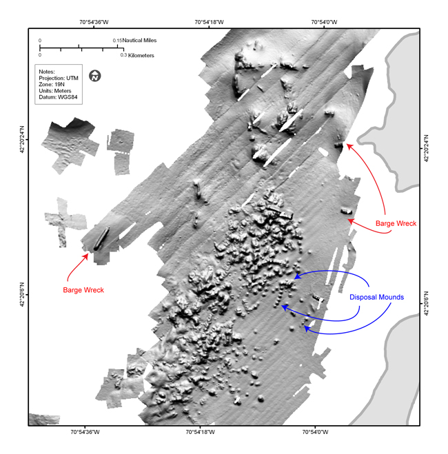 Figure 4.20.   Shaded-relief bathymetry bathymetric map of the area west of Great Brewster and Calf Island showing barge wrecks and mounds of dredged material on the sea floor.
