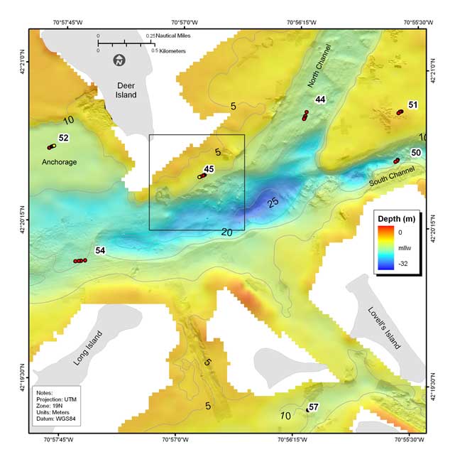 Figure 4.7. Shaded-relief bathymetry, colored by water depth, of the depression south of Deer Island where the deepest water in Boston Harbor occurs.
