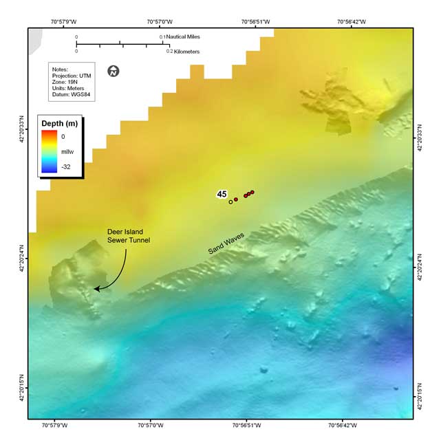 Figure 4.8. Shaded-relief bathymetry, colored by water depth, showing sand waves along the northern side of the navigation channel south of Deer Island.