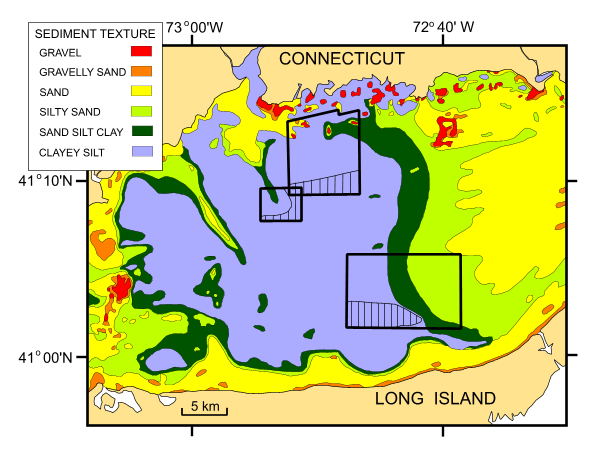Figure 12. Map from Poppe and others (2000a) showing the distribution of surficial sediments in east-central Long Island Sound. 