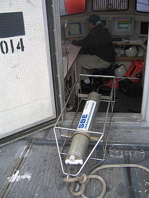 Figure 3. CTD (conductivity-temperature-depth) profiler shown on the deck of the NOAA ship THOMAS JEFFERSON.