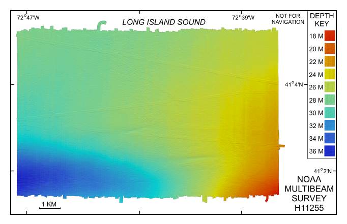 Figure 4. Digital terrain model (DTM) of the sea floor in southeastern Long Island Sound produced from multibeam bathymetry collected during NOAA survey H11255.