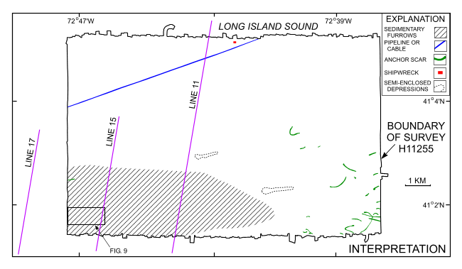 Figure 8. Interpretation of the bathymetry from NOAA survey H11255. Shown is the area characterized by sedimentary furrows. 