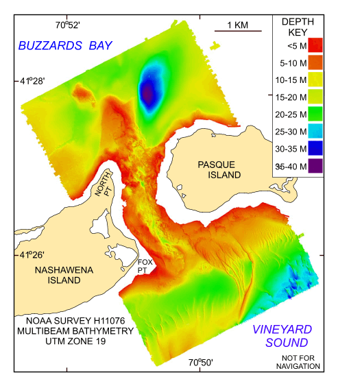 Figure 19. Digital terrain model (DTM) of the sea floor produced from multibeam bathymetry collected during NOAA survey H11076 of Quicks Hole, Massachusetts.  