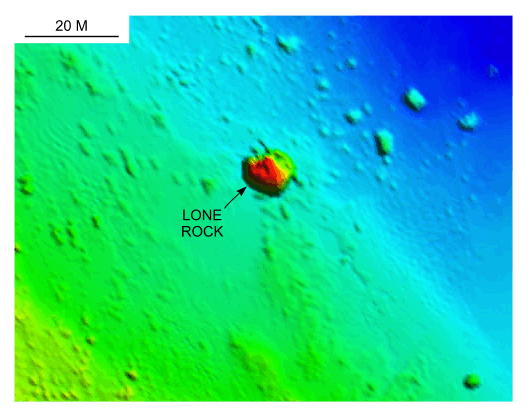 Figure 25. Detailed planar view of the bouldery sea floor on the elongate bathymetric high extending north of Quicks Hole.>