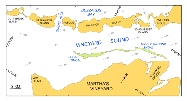 Figure 3. Map of the Elizabeth Islands showing the direction of tidal flow during a flood tide and the locations of Quicks Hole and Lucas and Middle Ground Shoals.