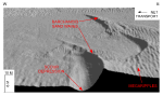 Figure 35.  Detailed perspective view of the barchanoid sand waves south of Pasque Island from the DTM produced during NOAA survey H11076.